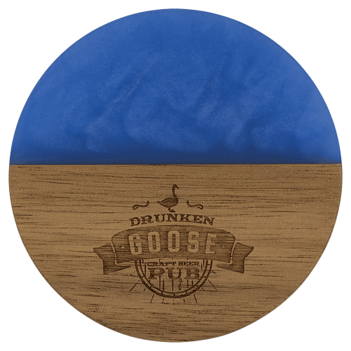 4" Acacia with Blue Pearl Resin Round Coaster — supplier item before personalization
