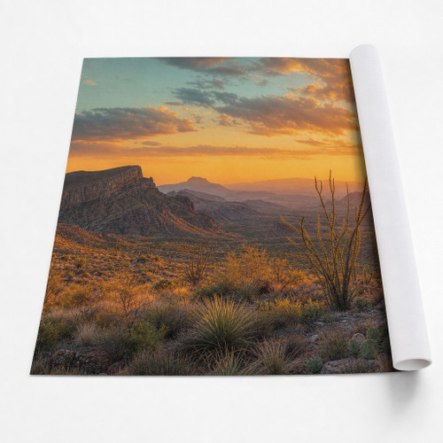 West Texas sunset panorama on a partially unrolled, unstretched printed canvas sheet — illustrative artwork