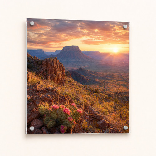 West Texas sunset acrylic print with full white backing and four corner standoffs — illustrative configuration