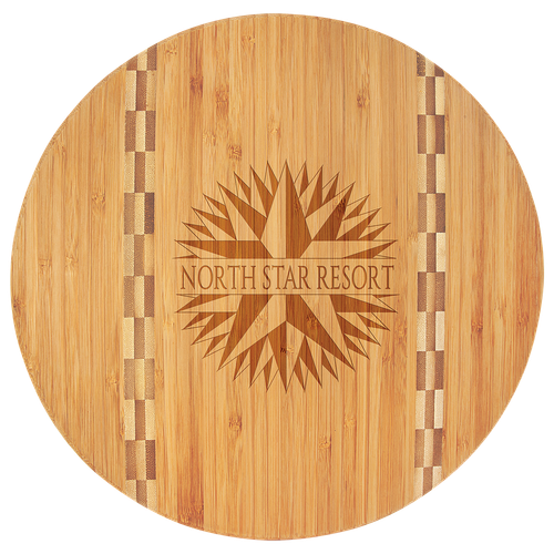 11 3/4" Round Bamboo Cutting Board with Butcher Block Inlay — supplier item before personalization
