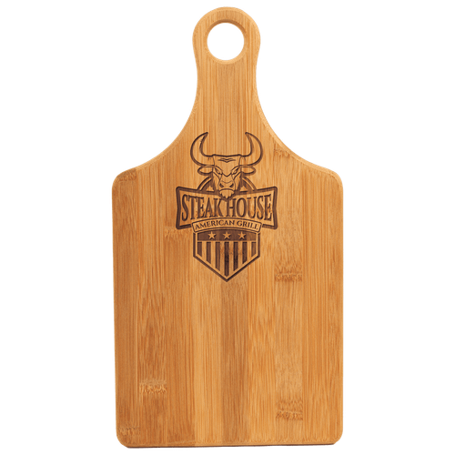 13 1/2" x 7" Bamboo Paddle Shape Cutting Board — supplier item before personalization