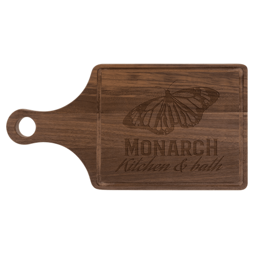 13 1/2" x 7" Walnut Cutting Board Paddle Shape with Drip Ring — supplier item before personalization