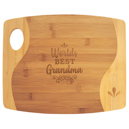 13 3/4" x 11" x 5/16" Bamboo Two Tone Cutting Board with Handle — supplier item before personalization