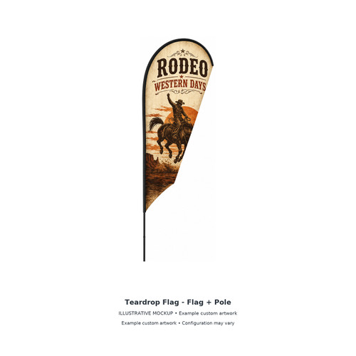 Teardrop Flag - Flag + Pole — illustrative product mockup with fictional example artwork. Example custom artwork • Configuration may vary.