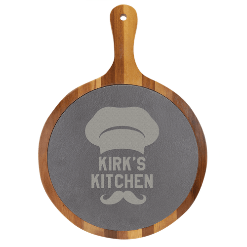 10 1/2" x 14 1/2" Round Acacia Wood/Slate Serving Board with Handle — supplier item before personalization