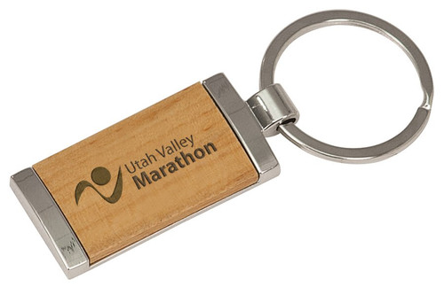 7/8" x 1 7/8" Silver/Wood Laserable Rectangle Keychain — supplier item before personalization