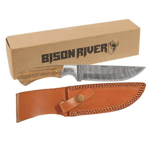 Bison River 9 1/2" Fixed Blade Wood Knife with Damascus Steel Blade and Leather Sheath — supplier item before personalization