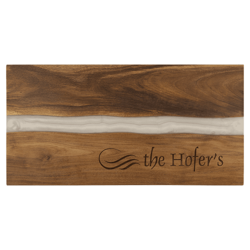 18" x 9" Acacia with White Pearl Resin Serving Board — supplier item before personalization