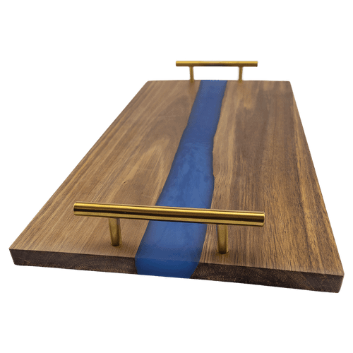 18" x 9" Acacia Serving Tray with Blue Pearl Resin and Gold Handles — supplier item before personalization