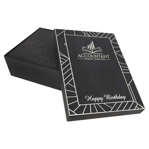 9 3/4" x 7 3/4" Black Lazerburst Gift Box-Lasers to Silver — supplier item before personalization