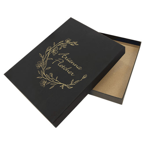 7 x 9 Black/Gold Lazerburst Plaque Presentation Box — supplier item before personalization