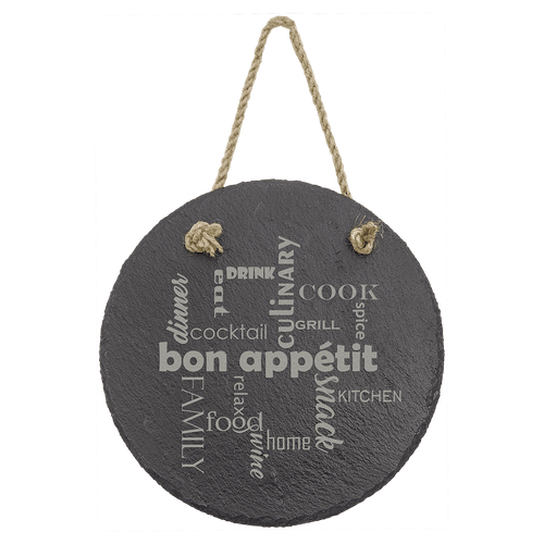 7" Round Slate Decor with Hanger String — supplier item before personalization