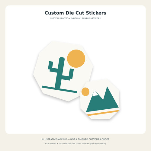 Custom Die Cut Stickers — original illustrative mockup. Sample artwork only; select your size and package quantity and supply your own design.