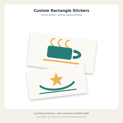 Custom Rectangle Stickers — original illustrative mockup. Sample artwork only; select your size and package quantity and supply your own design.
