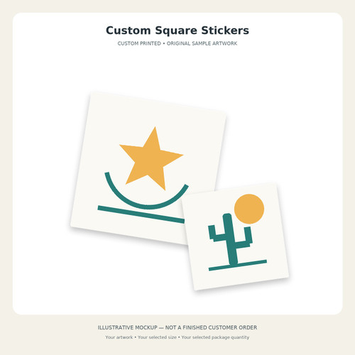 Custom Square Stickers — original illustrative mockup. Sample artwork only; select your size and package quantity and supply your own design.