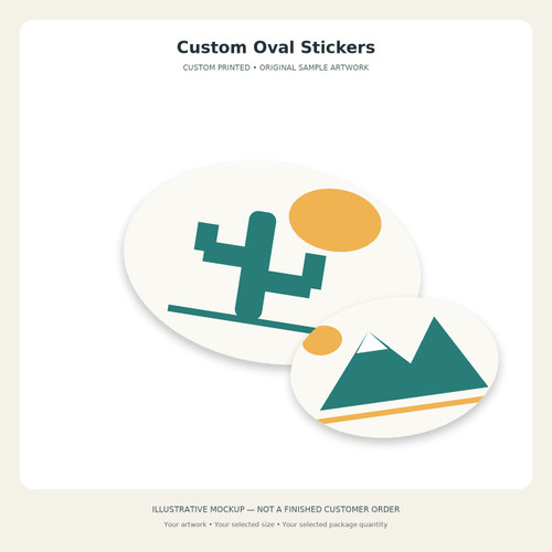 Custom Oval Stickers — original illustrative mockup. Sample artwork only; select your size and package quantity and supply your own design.