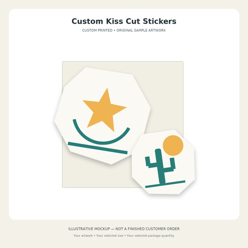 Custom Kiss Cut Stickers — original illustrative mockup. Sample artwork only; select your size and package quantity and supply your own design.