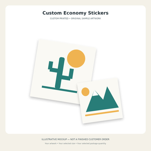 Custom Economy Stickers — original illustrative mockup. Sample artwork only; select your size and package quantity and supply your own design.