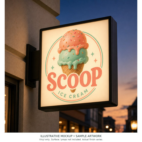 Adhesive Translucent Vinyl — illustrative finished-use mockup with fictional sample artwork. Vinyl only; vehicle, glass, sign panel, lightbox and other surfaces or props are not included. Actual color, texture and finish vary; use supplier color references for matching.