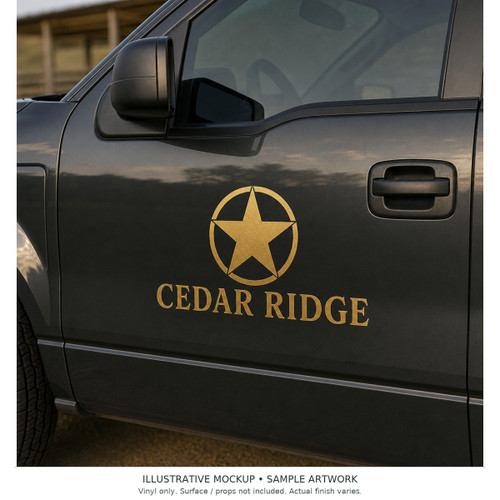 ORACAL 951M Premium Cast Metallic Vinyl — Custom Size — illustrative finished-use mockup with fictional sample artwork. Vinyl only; vehicle, glass, sign panel, lightbox and other surfaces or props are not included. Actual color, texture and finish vary; use supplier color references for matching.