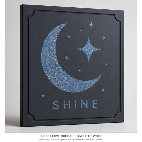 ORACAL 851 Sparkling Glitter Metallic Cast Film — Custom Size — illustrative finished-use mockup with fictional sample artwork. Vinyl only; vehicle, glass, sign panel, lightbox and other surfaces or props are not included. Actual color, texture and finish vary; use supplier color references for matching.