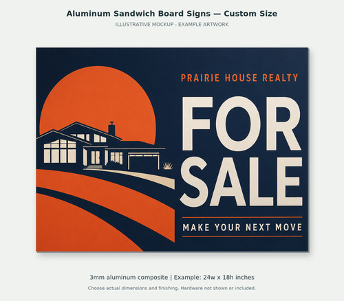 Aluminum Sandwich Board Signs — Custom Size — real estate for sale illustrative front mockup; fictional example artwork, not a finished-product photograph. 3mm aluminum composite; Example: 24w x 18h inches. Example artwork does not include mounting hardware.