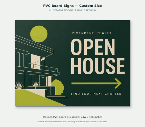 PVC Board Signs — Custom Size — real estate illustrative front mockup; fictional example artwork, not a finished-product photograph. 1/8-inch PVC board; Example: 24w x 18h inches. Example artwork does not include mounting hardware.