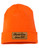 Leather-patch customization sample: Classic Cars Since 1974 on an orange cuffed beanie. Illustrative example, not a photo of this specific product. Sample design and color only; choose this product's available options.