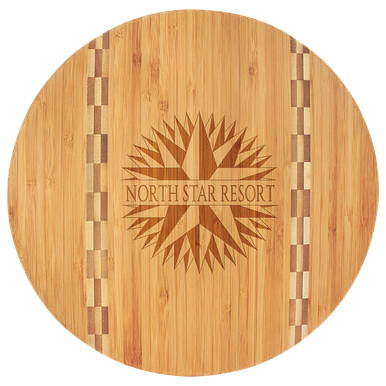 11 3/4" Round Bamboo Cutting Board with Butcher Block Inlay and supplier example engraving