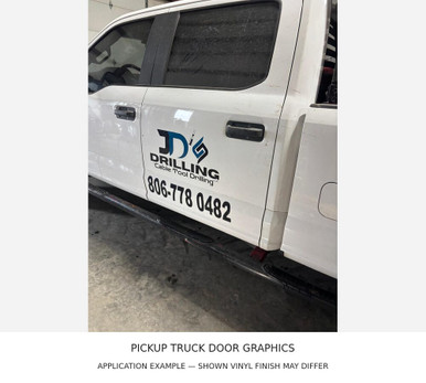 Pickup truck door graphics — application example; finish may differ