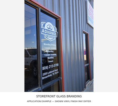 Storefront glass branding — application example; finish may differ