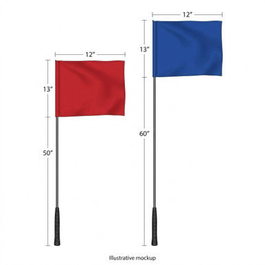 Illustrative mockup of 50-inch and 60-inch livestock sorting whip flags. Flag and shaft colors shown are examples; logo customization is selected separately.