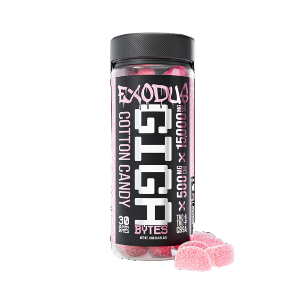 Exodus Gigabyte Cotton Candy Gummies deliver a nostalgic burst of spun-sugar sweetness with smooth vanilla notes. This playful flavor offers a candy-shop experience in a premium hemp-derived gummy format, perfect for customers who enjoy classic dessert-style profiles.