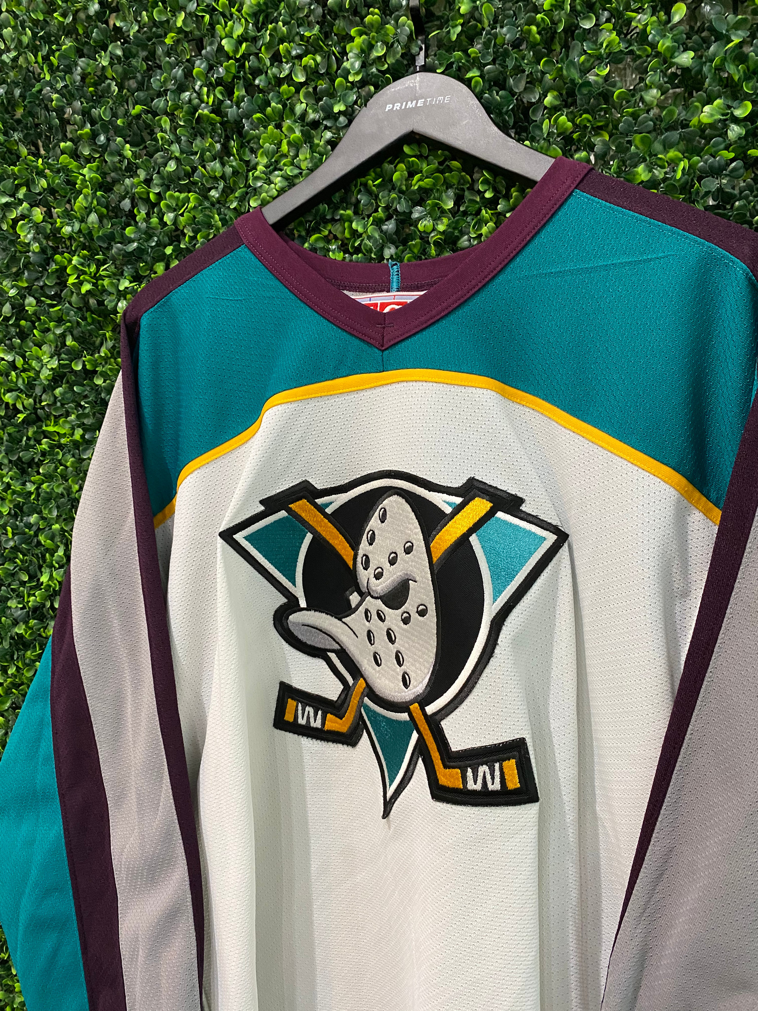 Mighty Ducks Purple Throwback NHL Jersey -Tackle twill logos -100