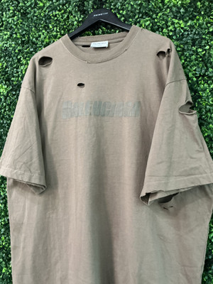BALENCIAGA OVERSIZED DISTRESSED LOGO TEE TAN