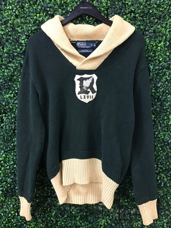 VINTAGE POLO RALPH LAUREN GREEN/TAN SHAWL SWEATER