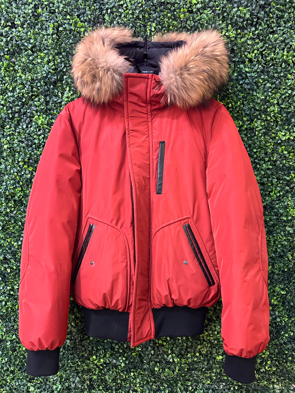 RED MACKAGE LEATHER STRIP PUFFER