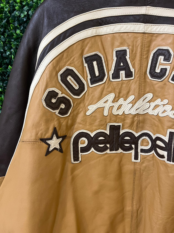 VINTAGE PELLE PELLE BROWN SODA CLUB ATHLETICS LEATHER JACKET