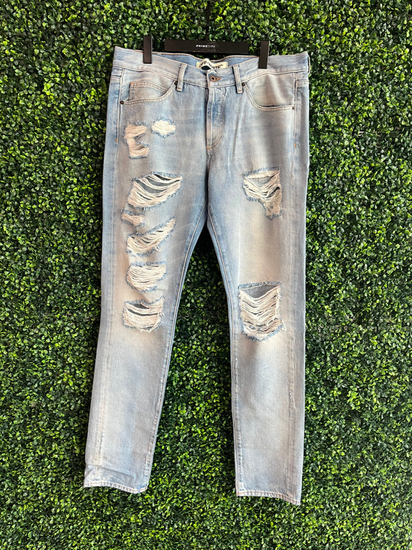 OFF WHITE DISTRESSED DIAGONAL STRIPPED BLUE JEANS (SZ 36)