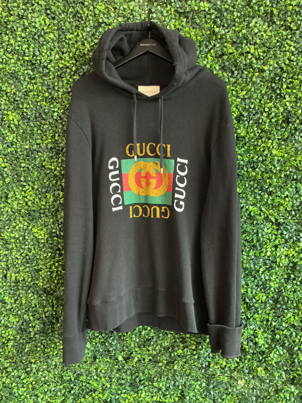 GUCCI DISTRESSED EMBELLISHED PRINTED LOGO HOODIE