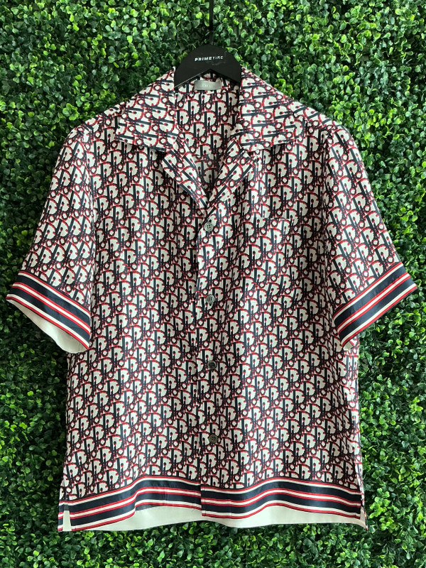 CHRISTIAN DIOR GREY/NAVY OBLIQUE BUTTON UP
