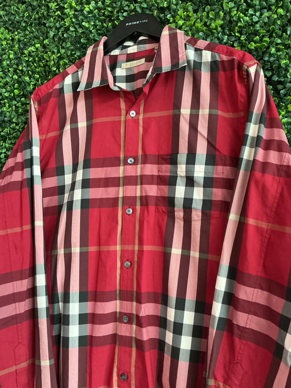 BURBERRY BRIT MEN'S RED & BLACK NOVA CHECK BUTTON UP SHIRT (SZ XL)