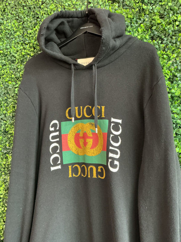 GUCCI DISTRESSED EMBELLISHED PRINTED LOGO HOODIE