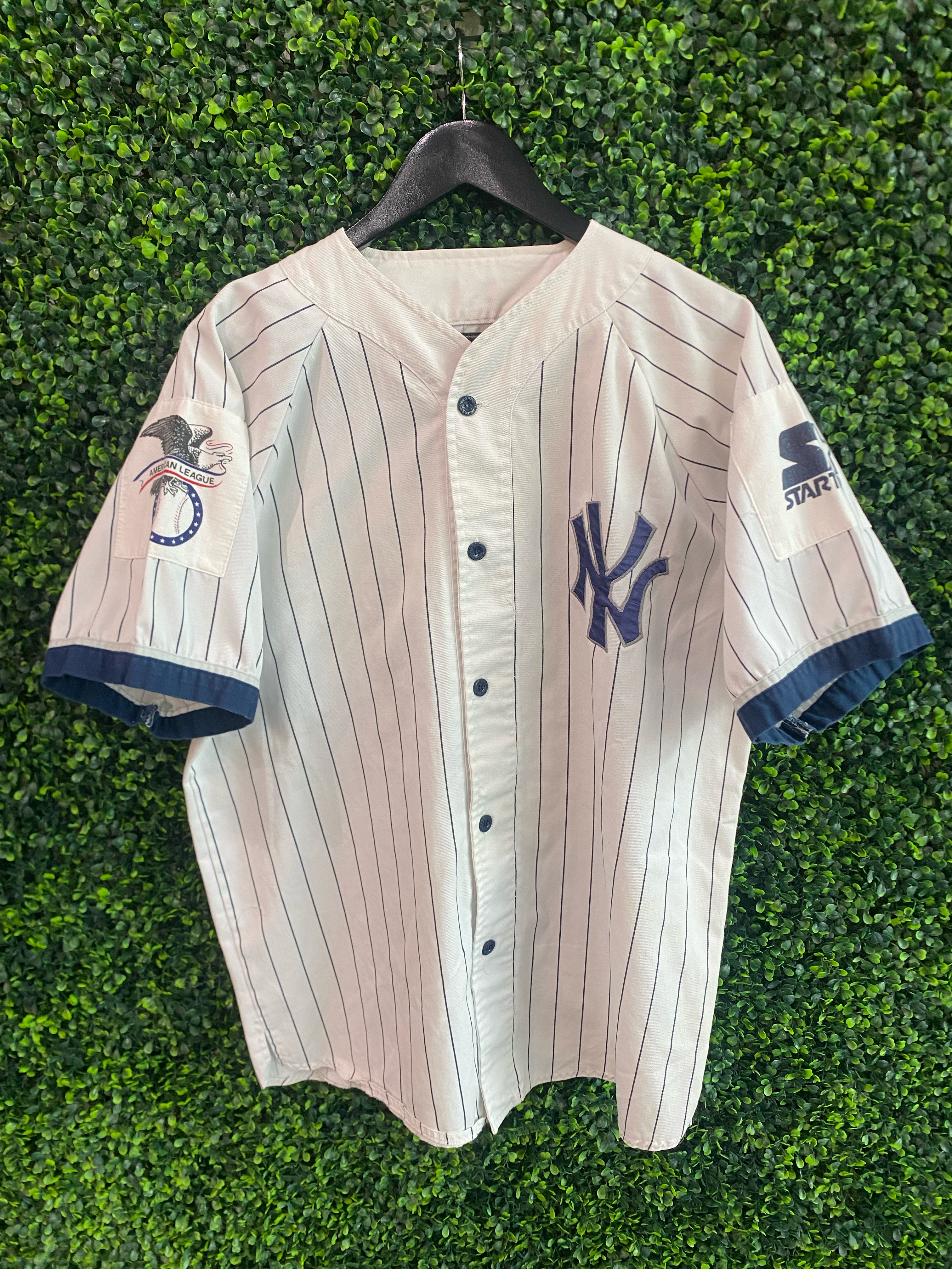 Vintage New York Yankees Script Starter Baseball Jersey Medium Pinstripe MLB