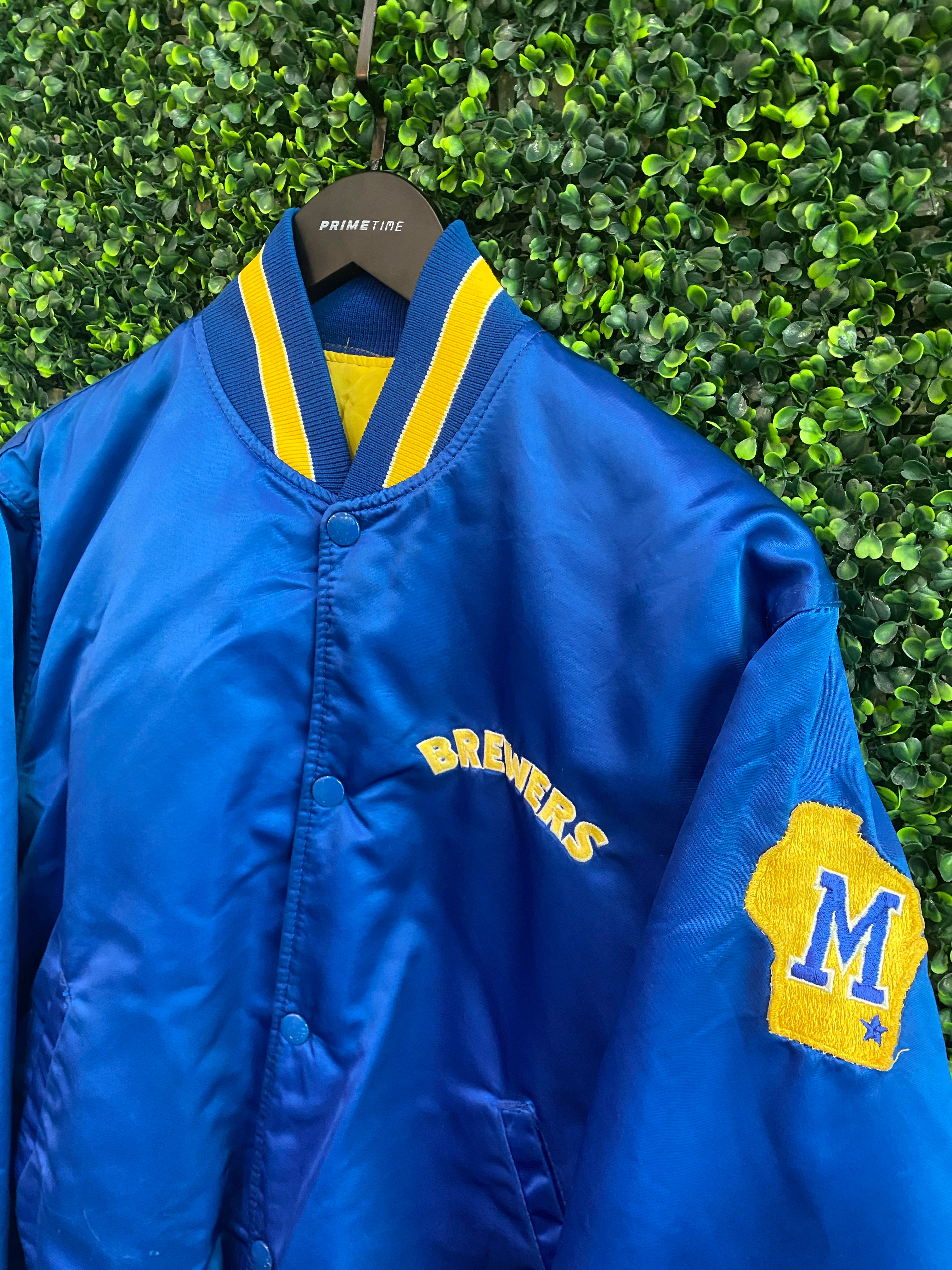 90s Milwaukee Brewers Blue Satin Starter Button Up Jacket XL