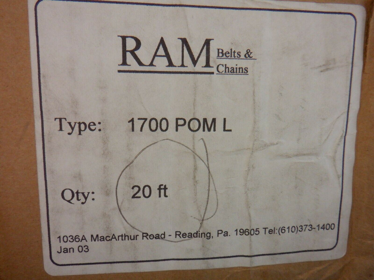 RAM 1700 POM L Low Friction High Resistance 20FT Polyoxymethylene ...