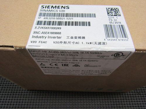 Siemens 6SL3210-5BB21-1UV1 200/240V 1PH IP20 Sinamics V20 Drive - Factory Sealed