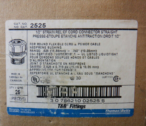 Thomas & Betts 2525 Cord Connector ½” Strain Relief Straight