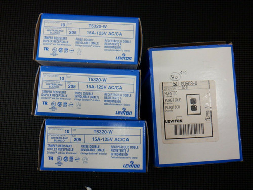 LEVITON T5320-W DUPLEX RECEPTACLES & 80503-W WALL PLATES - LOT OF 30 SETS / NEW IN BOXES