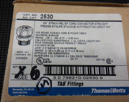 Thomas & Betts 2530 3/4" Strain Relief Cord Connector Straight .125-.250